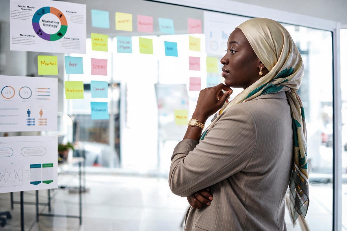 Réflexion stratégique devant un tableau de stratégie marketing
